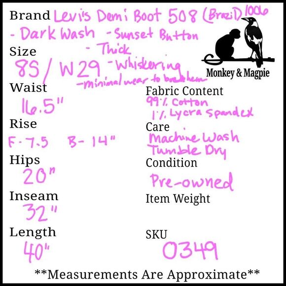 Levi's Demi Boot 508 Jeans Dark Wash Size 8S W29 Cotton Whiskering Distressed - Picture 8 of 8